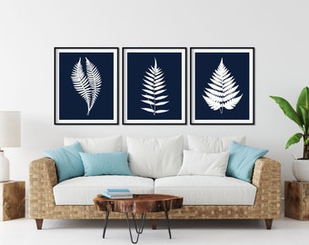 Juego de 3 impresiones de helechos azul marino - Arte botánico en acuarela