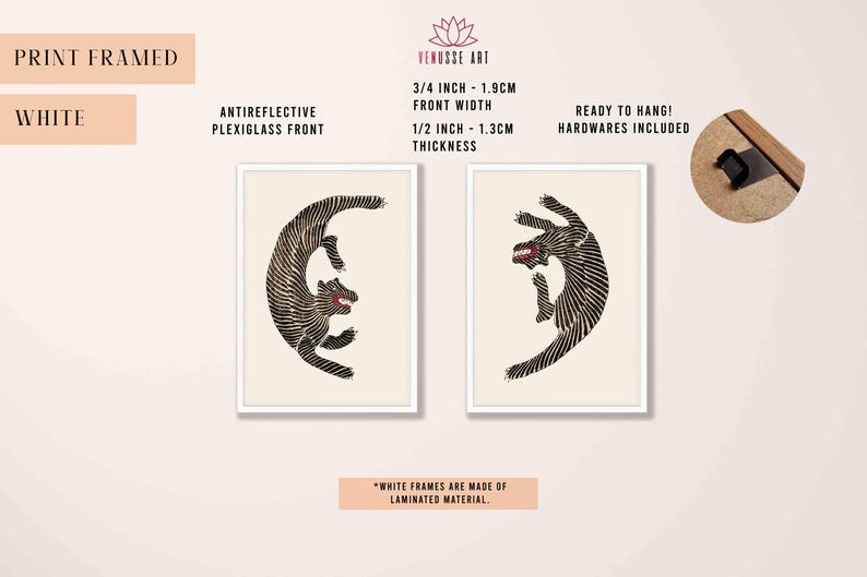 May include: Two framed black and white illustrations of stylized animals. The frames are white and have a 3/4 inch (1.9 cm) front width and 1/2 inch (1.3 cm) thickness. The frames are made of laminated material.