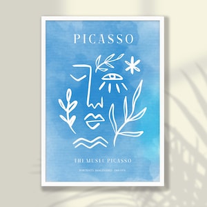 Impressão de arte facial de mulher Picasso azul - Impressão de mulher abstrata, pôster de exposição de Picasso, arte floral de Picasso, arte de parede de sala de estar, TAMANHOS GRANDES
