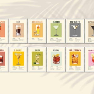 Juego de 12 carteles de cócteles: decoración de pared para bar, impresión de cócteles, Boilermaker, Negroni, Mojito, Aperol Spritz, decoración de pared para cocina y restaurante