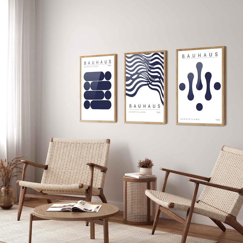 Blå Bauhaus-konsttryck, set med 3: Modern heminredning från mitten av århundradet bild 8