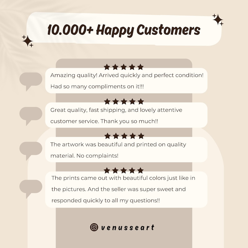 May include: Image of customer reviews for an Etsy shop. The reviews are all positive and mention the quality of the products, the speed of shipping, and the excellent customer service. The shop name is "venusseart".
