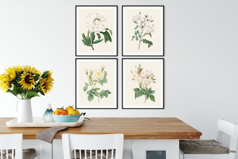 May include: Four framed botanical prints featuring white flowers with green leaves on a cream background. The prints are arranged in a grid pattern on a white wall.