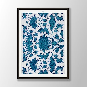Blue Floral Pattern Print No:5 - Blue Wall Art, Blue Flower Wall Art, Floral Wall Art, Floral Ornament Art, Kitchen Wall Art, Kitchen Decor