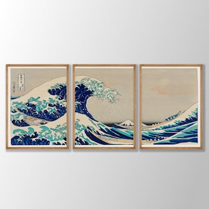 Juego de 3 grabados japoneses: grabados de Kanagawa, xilografía, arte mural japonés, galerías de arte mural, grabados de la Gran Ola, grabados de Hokusai, arte de Kanagawa