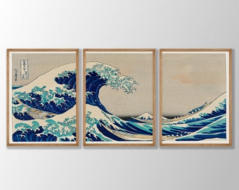 Japanese Prints Set of 3 - Kanagawa Print, Woodblock Art, Japanese Wall Art, Gallery Wall Art, Great Wave Print, Hokusai Prints,Kanagawa Art