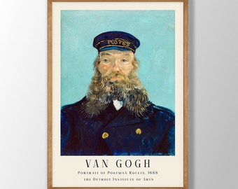 May include: A vintage poster featuring a painting of a man wearing a blue cap with the word "POSTES" on it. The man has a thick beard and is wearing a blue coat. The poster is titled "VAN GOGH" and includes the text "PORTRAIT OF POSTMAN ROULIN, 1888 THE DETROIT INSTITUTE OF ARTS".