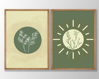 Boho Floral Wall Art Set of 2 - Moon and Sun Prints