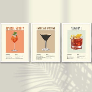 Juego de 3 carteles de cócteles: impresión de cócteles, decoración de pared de bar, Aperol Spritz, Espresso Martini, Negroni, arte de pared de cocina, arte de pared de pub