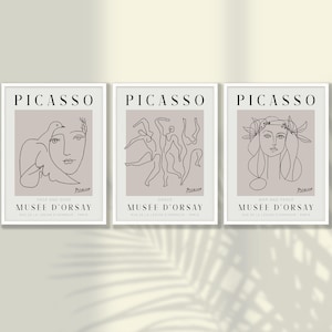 Neutral Picasso Prints Set of 3 No:7- Animal Line Art, Pablo Picasso Exhibition, Picasso One Line Sketch, Living Room Decor, Home Office