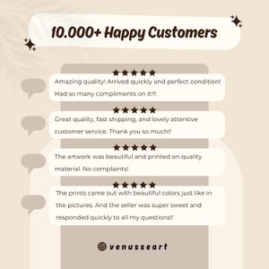 May include: Image of customer reviews for an Etsy shop. The reviews are all positive and mention the quality of the products, the speed of shipping, and the excellent customer service. The shop name is "venusseart".
