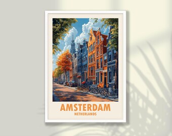 Poster de voyage d'Amsterdam - Pays-Bas : art paysage urbain, options cadre et toile