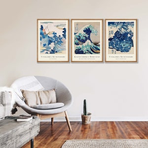 Japanese Prints Set of 3 Woodblock Art, Japanese Wall Art, Gallery Wall Art, Kanagawa Print, Great Wave Print, Hokusai Prints, Ukiyo-e image 9