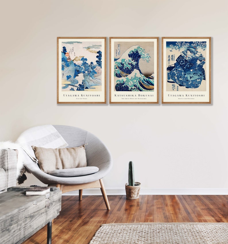 Japanese Prints Set of 3 Woodblock Art, Japanese Wall Art, Gallery Wall Art, Kanagawa Print, Great Wave Print, Hokusai Prints, Ukiyo-e image 9