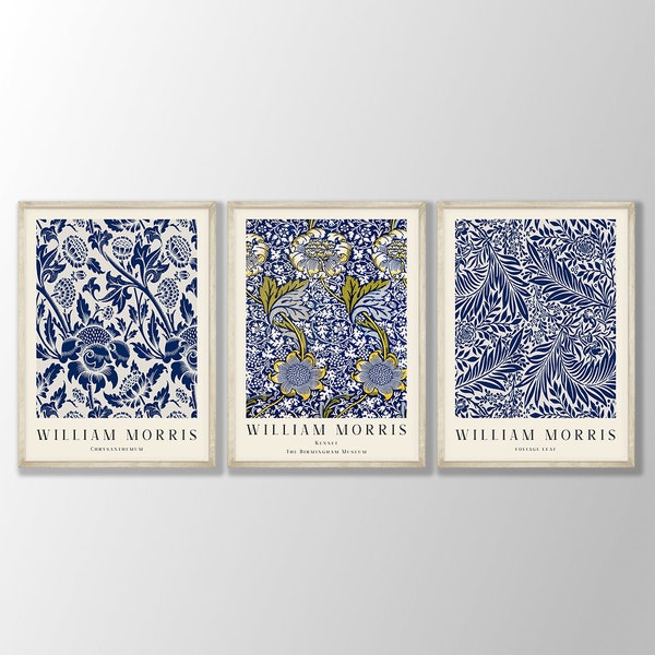 William Morris Prints Set of 3 No:9 - William Morris Poster, William Morris Exhibition, Art Nouveau Poster, Blue Floral Art, Kitchen Print