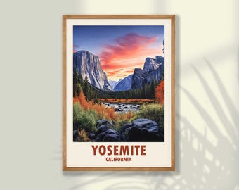 May include: A framed print of a scenic landscape featuring a valley with a river running through it, surrounded by mountains and trees. The sky is a vibrant pink and orange, with clouds. The text "Yosemite, California" is printed at the bottom of the print.