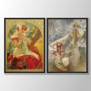 Alphonse Maria Mucha Prints Set of 2 - Art Nouveau Posters, Gallery Wall Set, Old French Art, Art Nouveau Decor, Victorian Art, Mucha Poster