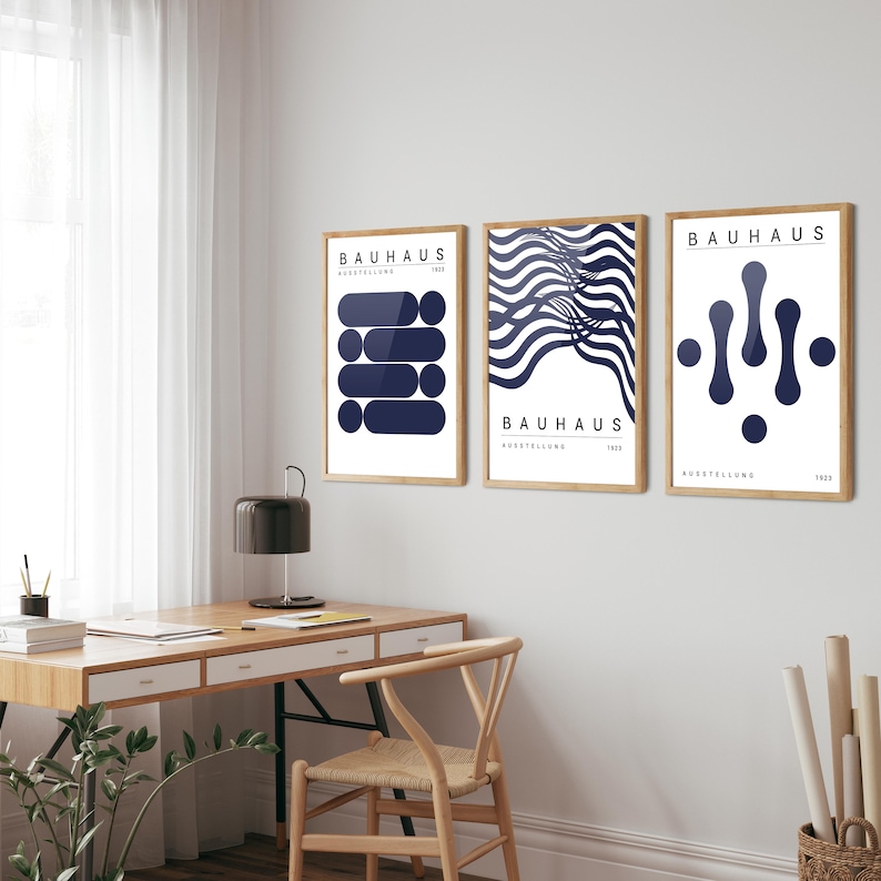 Blå Bauhaus-konsttryck, set med 3: Modern heminredning från mitten av århundradet bild 7