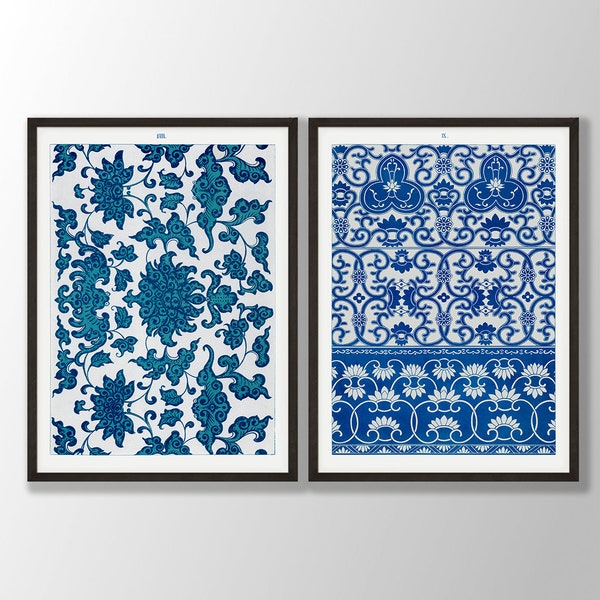 Chinoiserie Ornament Prints Set of 2 - Blue Tile Wall Art, Chinoiserie Wall Art, Chinoiserie Print, Floral Ornament Wall Art, Asian Decor