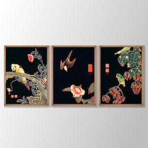 Japanese Bird Prints Set of 3 - Bird Poster Set, Japanese Flower Art, Japanese Wall Art, Japanese Decor, Gallery Wall Art, Living Room Decor
