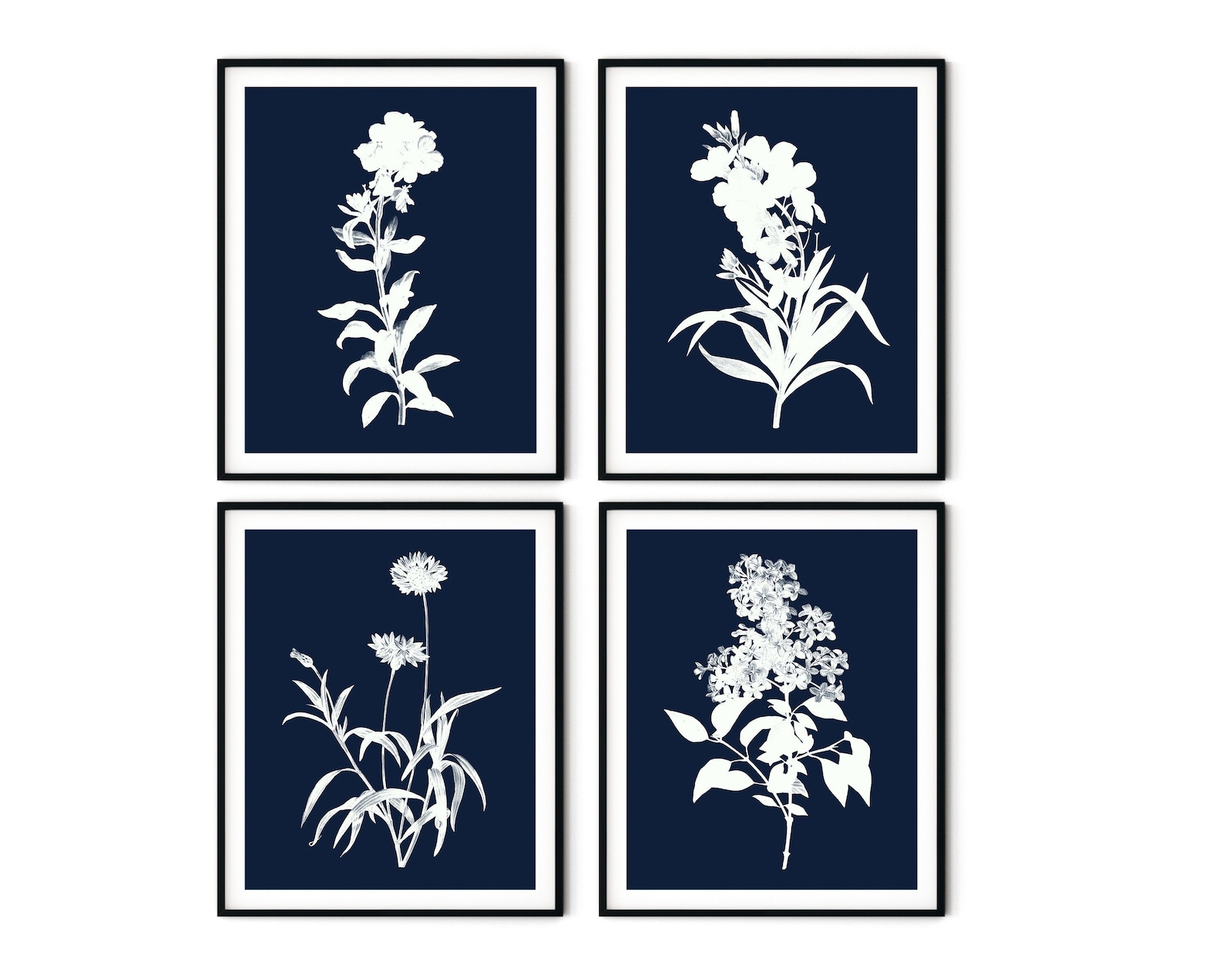 Navy Blue Flower Print Set of 4 Botanical Wall Art Etsy UK