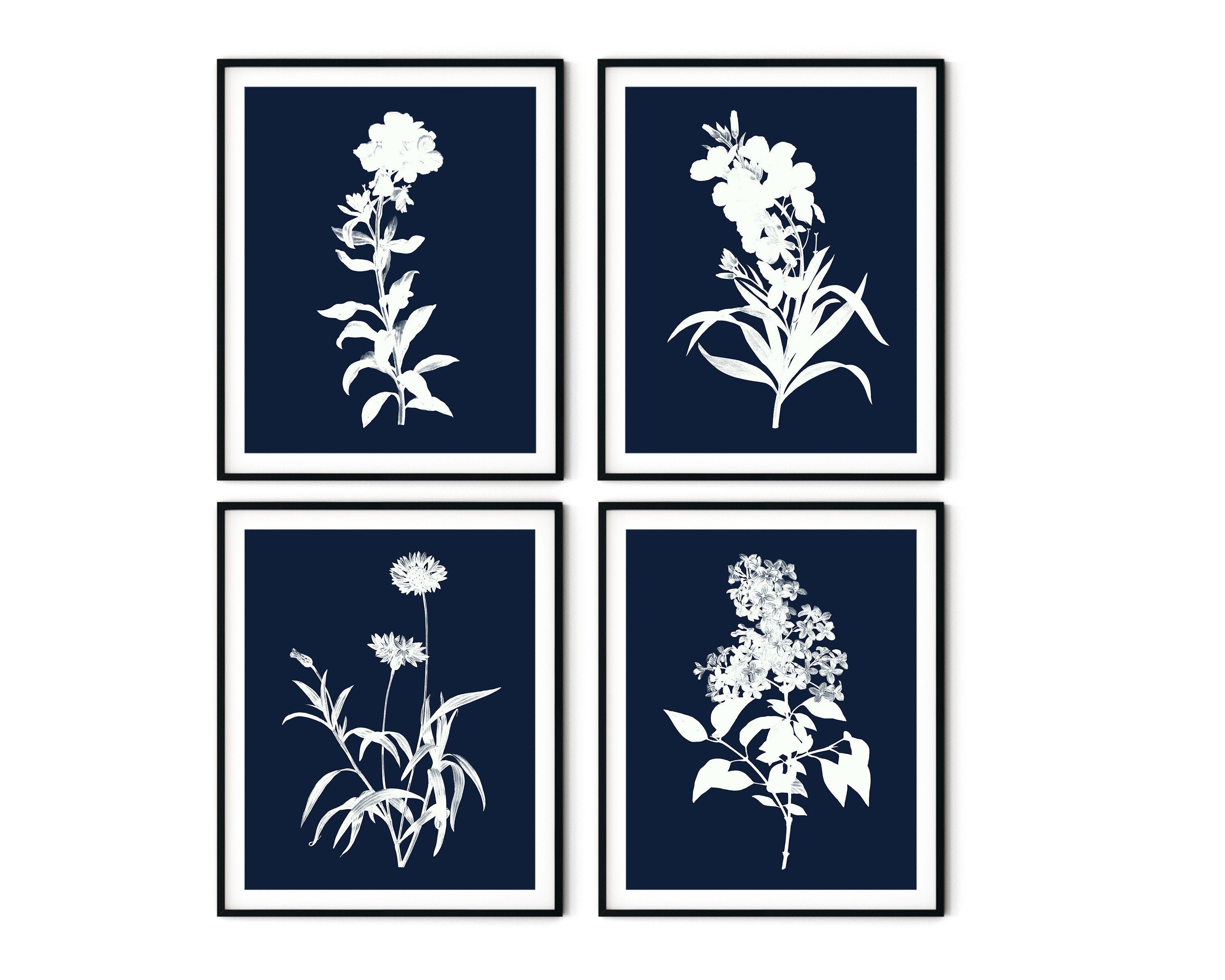 Navy Blue Flower Print Set of 4 Botanical Wall Art Etsy