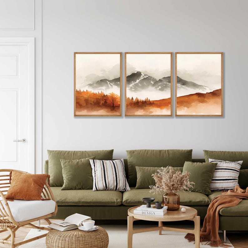 Autumn Mountain Wall Art Set of 3 - Watercolor Landscape Print, Rust ...
