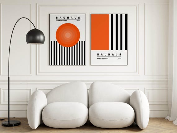 Orange Bauhaus Wall Art Print Set of 2 - Mid-century Modern Decor