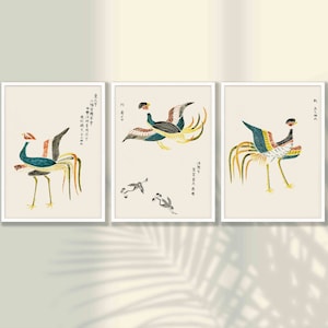 Japanese Crane Prints Set of 3 - Bird Wall Art, Crane Poster Set, Japanese Wall Art, Gallery Wall Art, Living Room Decor, Home Office Decor