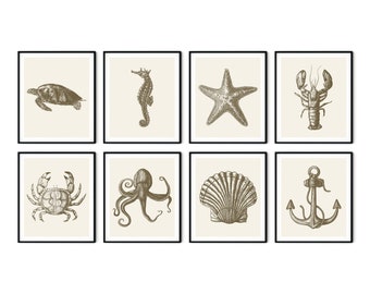Sepia Nautical Prints Set of 8 - Nautical Art, Coastal Decor, Beach Cottage Decor, Marine Life, Octopus Print, Nautical Decor