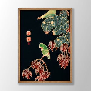 Paroquet Print - Japanese Bird Print, Japanese Wall Art, Bird Wall Art, Bird Decor, Japanese Poster, Japanese Woodblock, Japanese Decor