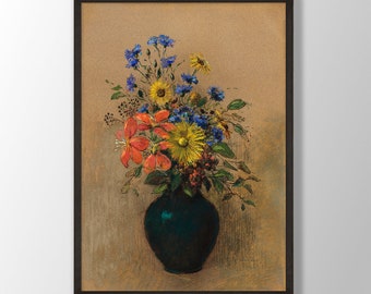 May include: A painting of a bouquet of flowers in a dark blue vase. The flowers are a mix of blue, yellow, and orange.
