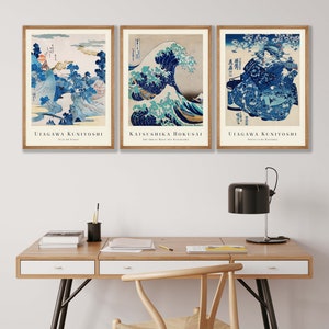 Japanese Prints Set of 3 Woodblock Art, Japanese Wall Art, Gallery Wall Art, Kanagawa Print, Great Wave Print, Hokusai Prints, Ukiyo-e image 8