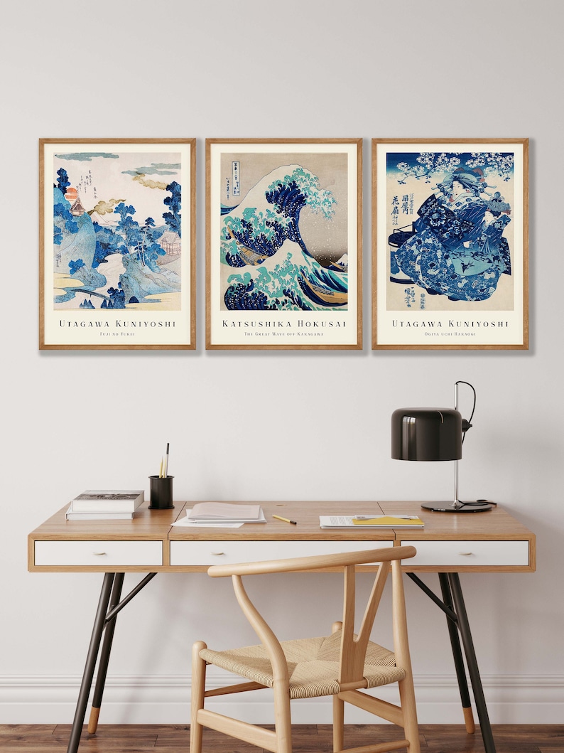 Japanese Prints Set of 3 Woodblock Art, Japanese Wall Art, Gallery Wall Art, Kanagawa Print, Great Wave Print, Hokusai Prints, Ukiyo-e image 8