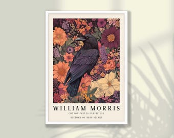 May include: A black raven perched in a field of colorful flowers. The flowers are in shades of orange, pink, purple, and yellow. The image is titled "William Morris Cotton Prints Exhibition History of British Art".