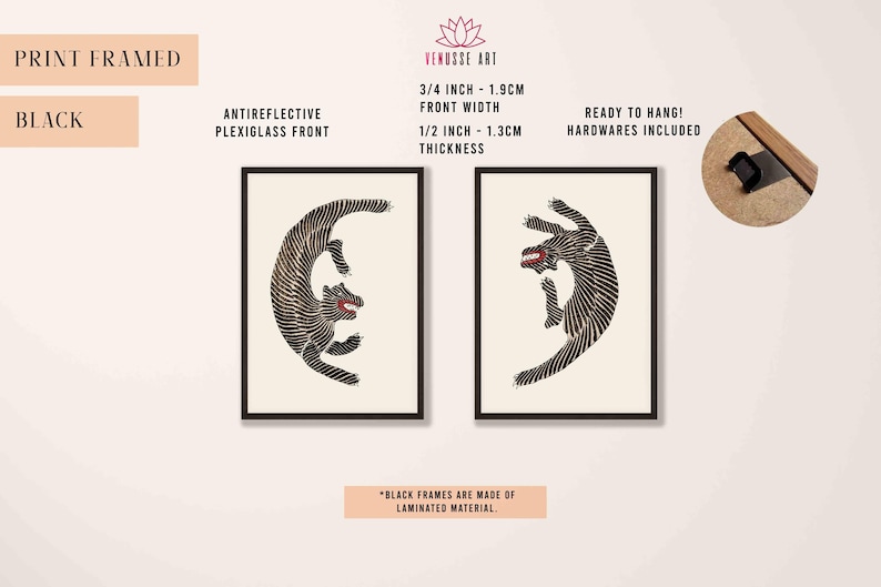 May include: Two black framed prints of stylized black and white animal illustrations. The prints are 3/4 inch wide and 1/2 inch thick. The frames are made of laminated material.