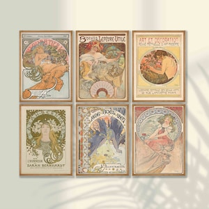 Alphonse Maria Mucha Prints Set of 6 - Art Nouveau Posters, Gallery Wall Set, Old French Art, Art Nouveau Decor, Victorian Art, Mucha Poster
