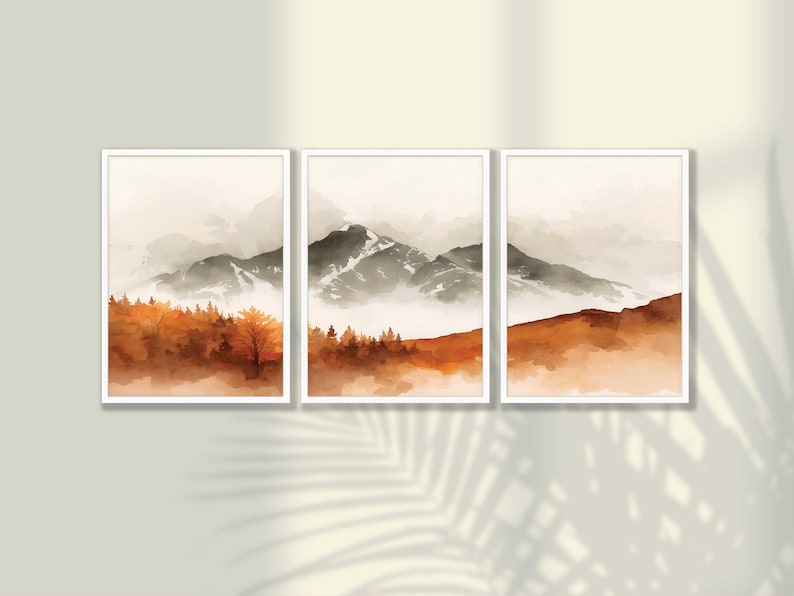 Autumn Mountain Wall Art Set of 3 - Watercolor Landscape Print, Rust ...