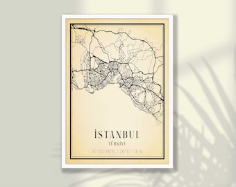 Vintage Istanbul City Map Print - Travel Poster, Framed Canvas Options