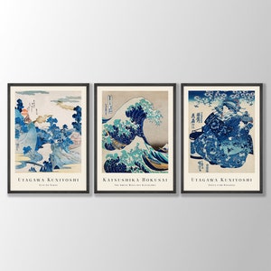 Lot de 3 estampes japonaises - gravure sur bois, art mural japonais, art mural de galerie, impression Kanagawa, impression grande vague, estampes Hokusai, Ukiyo-e