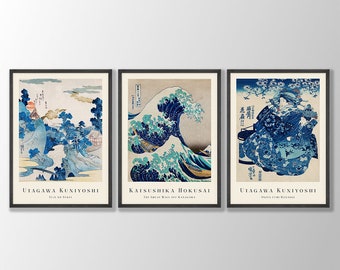 Japanese Prints Set of 3 - Woodblock Art, Japanese Wall Art, Gallery Wall Art, Kanagawa Print, Great Wave Print, Hokusai Prints, Ukiyo-e