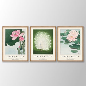 Ohara Koson Prints 3er Set - Japanisches Druckset, japanische Wandkunst, Galeriewandkunst, Ohara Koson Ausstellungskunst, Seerose, Lotus, Pfau