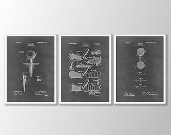 Lot de 3 gravures vintage de golf brevetées - Club de golf, balle, tee