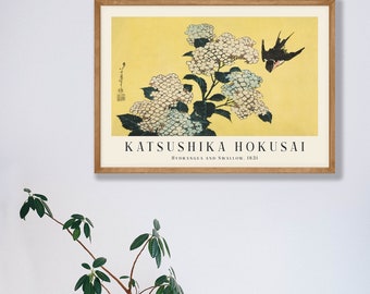 葛飾北斎版画 - 紫陽花とツバメ、日本のアートポスター - Etsy 日本