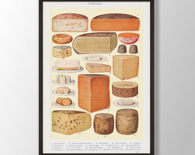 Vintage Cheese Types Poster - Kitchen Wall Art