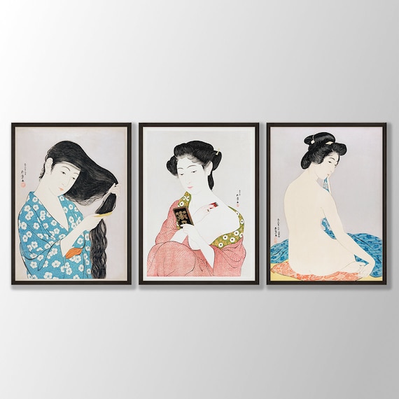 Japanese Geisha Prints Set of 3 Woodblock Art Japanese Wall | Etsy