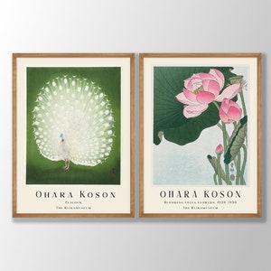 Ohara Koson Prints Set of 2 No:2- Japanese Flower Art Prints, Blooming Lotus Flower Print, Peacock Print, Gallery Wall Art, Farmhouse Decor
