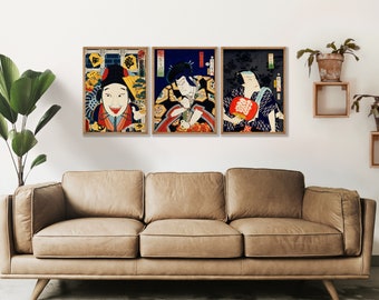 Japanisches Ukiyo-e Drucke Set von 3 - Toyohara Kunichika Holzschnitt Kunst