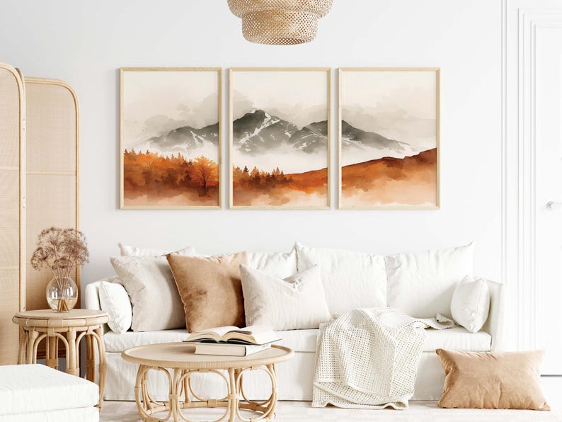 Autumn Mountain Wall Art Set of 3 - Watercolor Landscape Print, Rust ...