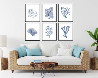 Set van 6 indigoblauwe koraalprints - Coastal Cottage Art, decor strandhuis